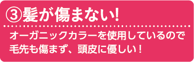 (3)オーガニックカラーを使用しているので毛先も傷まず、頭皮に優しい!